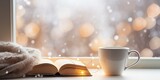 Fototapeta  - Coffee cup, books, sparkle fairy lights on window sill on blurred background. Christmas season. Concept warm and cozy home, reading books, winter holidays, hygge, evening rest and comf : Generative AI