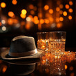 Retro party hat and glass of alcoholic drink in night club with bokeh background.