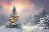 Fototapeta Natura - Vintage Christmas and New Year snowy landscape background in shades of pastel rainbow colors.