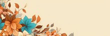 Colorful Leaves And Flowers With A Blank Space, Light Brown And Teal, Colorful Cartoon, Vintage, Nature Scene, Vintage Poster Design, Retro Horizontal Banner. Flat Doodle Style Vector Illustration.