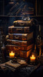 Enchanting, mystical fantasy storybook-style desk adorned with treasures, books, candles, and a working atmosphere