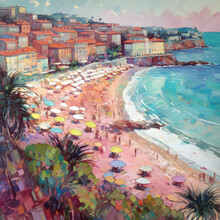 Colorful Watercolor Paintings Of The French Riviera With Waves, And People, Umbrellas, Beach Scene, And Buildings Along The Shore