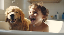 Cute Little Boy Sitting In The Bathub With His Dog During Bath Time At Home.