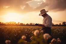 Myfetta Mans Farmer In Hat Walking The Field Of Cotton A, Generative Ai