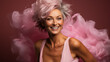 © Shubby Studio - Photo portrait of attractive elderly woman touch head hairdress shampoo dressed stylish white lingerie isolated on pink color background. Ai Generate