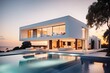 Exterior of modern minimalist cubic villa with swimming pool at sunset modern