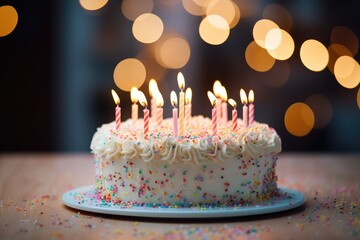 Canvas Print - A birthday cake with white frosting and lit candles. Generative AI.