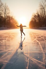 Canvas Print - A person skating on a frozen lake at sunset. Generative AI.