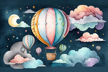 Watercolor Hot Air Balloon. Hand Drawn Vintage Air Balloons With Flags Garlands, Polka Dot Pattern And Retro Design. Background For Kid Banner, Baby Shower, Birthday Greeting Card