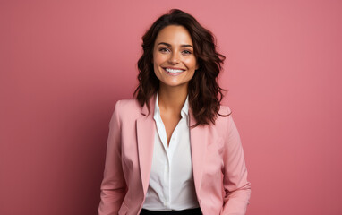 Canvas Print - happy fashion smiling businesswoman in bright suit in color background