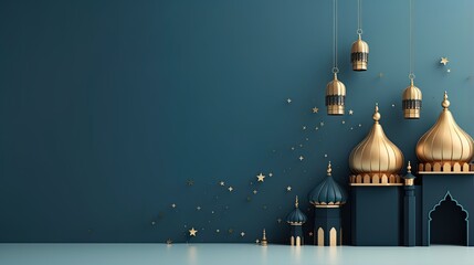 Canvas Print - Eid mubarak with a islamic decorative frame pattern crescent star and lantern on a light ornamental background.