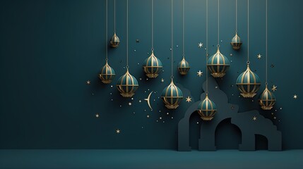 Wall Mural - Eid mubarak with a islamic decorative frame pattern crescent star and lantern on a light ornamental background.