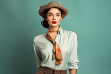 Portrait Of A Beautiful Fashion Woman Wearing Vintage Blue Clothes And Hat On Bright Blue Colour Background