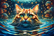 Cat swimming happily and smiling in the pool
