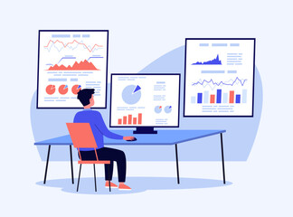 Male analytic analazing flow of data stream vector illustration. Charts, graphs on computer monitor as symbol of data-driven insights. Online consulting, data stream, analytics concept