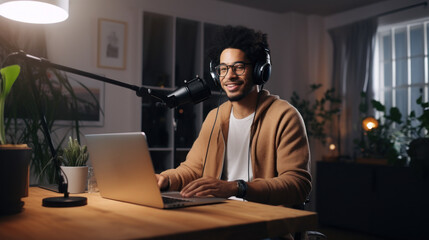 Wall Mural - A young content creator talking in the home studio