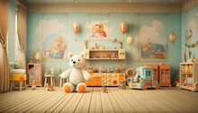 Playroom For Children With Classic Toys As Backdrop For Studio Photo Of Child