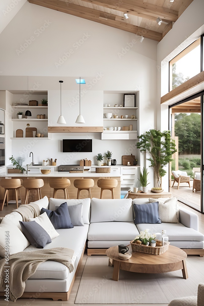 Open plan living room with white kitchen and pantry. Cozy patio with an ...