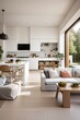 © LW - Open plan living room with white kitchen and pantry. Cozy patio with an outdoor fireplace design