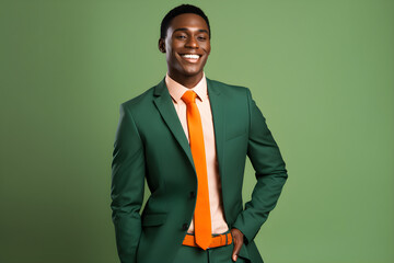 Handsome happy African American man in green business suit on bright green colour background, colourful studio portrait