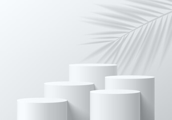 Sticker - set of abstract 3d white cylinder pedestal podium background with palm leaf shadow overlay. mockup p