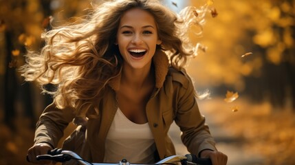 Poster - Happy Young woman rides bike through forest.