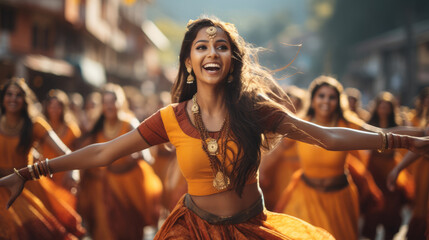 Indian women dancing on the streets in traditional dresses in celebrating Holi festival.