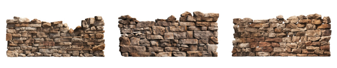 Wall Mural - Set of aged garden stone wall fences, isolated on a transparent background. PNG, cutout, or clipping path.