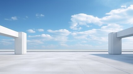 Generative AI : Empty concrete floor for car park. 3d rendering of abstract white building with blue sky background.