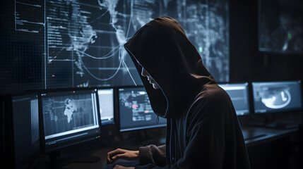 Obscured Hacker in Hood in Dark Room with Multiple Screens Displaying Code, AI Generated Image
