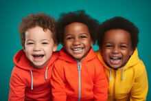 Mixed Race Portrait Of 3 Happy Little Boys, Friends Smiling And Laughing, Wearing Bright Colourful Clothes. Bright Blue Solid Colour Background