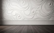White empty wall with elegant wavy lines armament and wooden floor. Classic moldings and frame. Minimalist interior background presentation.