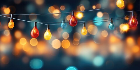 Wall Mural - Christmas garland bokeh lights radiating a magical glow against a midnight blue background, generative AI