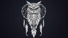 Dream-catcher Black And White Owl. Vector Line Illustration4k, High Detailed, Full Ultra HD, High Resolution
