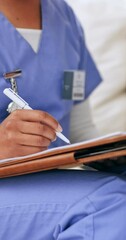 Wall Mural - Woman, doctor and hands writing prescription, diagnosis or results on documents at hospital. Closeup of female person, nurse or medical worker taking notes, filling form or application at clinic