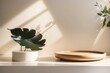 Two minimal modern wooden round tray podium on white glossy table counter in sunlight, leaf shadow on beige wall background for luxury beauty, organic, health, cosmetic, fashion product display.design