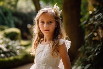 portrait of a little girl in a white dress in the park