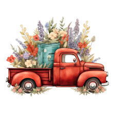 A Red Vintage Truck With Flowers Watercolor Illustration