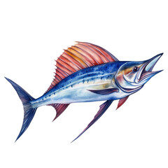 Wall Mural - A blue marlin fish, sword fish jumping up, watercolor art