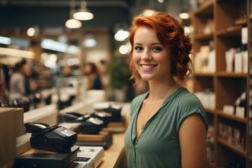 Wall Mural - photo of a beautiful short redhead female cashier smiling at a shelf in a shoe store. Generative AI.