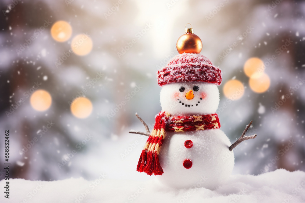christmas decoration with cute cheerful snowman in winter