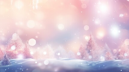 Wall Mural -  a winter scene with snow covered trees and a pink sky.  generative ai