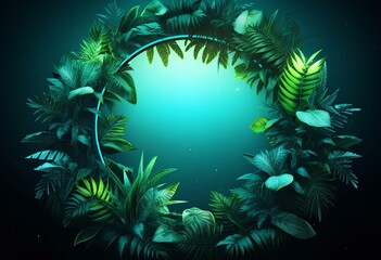 Wall Mural - green neon ring around beautiful leaves, in the style of tropical landscapes, light sky-blue, screen format, dark paradise. generative AI