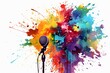 Abstracted watercolor paint splashing over microphone illustration. Generative AI