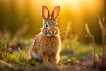 Brown rabbit standing in field.