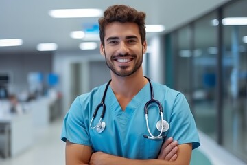 Portrait of smiling male doctor standing with arms crossed in hospital corridor