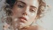 A photo of a woman with falling water drops and sunlight. Innocent, neat, elegant. grooming. cosmetics photo, beauty industry advertising photo.
