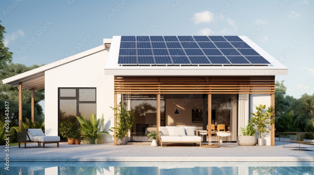 solar panel on roof, minimal house or home with self sufficient and ...