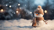 Cute snowman in a cap and scarf in winter snow scene background, celebration concept