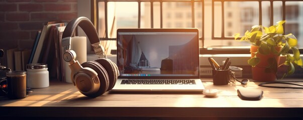 Modern headphones placed on the table. Music concept. Generative AI.